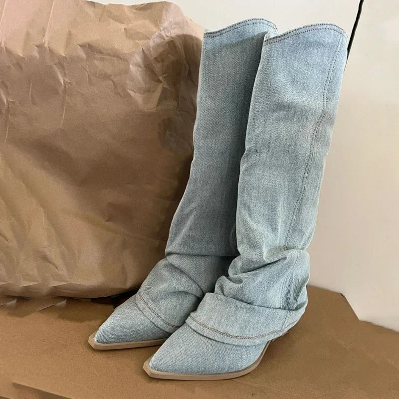Stylish Women's Knee High Pleated Western Boots - Pointed Toe Heeled Design