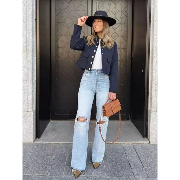 Women's Cropped Aviator Bomber Jacket - Stylish Button Front & Functional Pockets