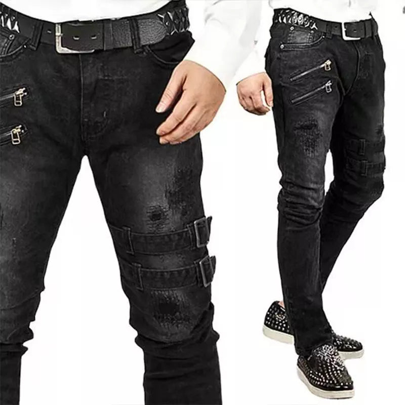 Men's Punk Skinny Ripped Biker Jeans with Buckle - Stylish Motorcycle Pants