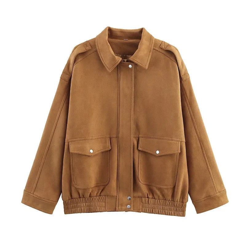 Trendy Women's Streetwear Bomber Jacket with Snap Buttons & Flap Pockets - Stylish Urban Outerwear