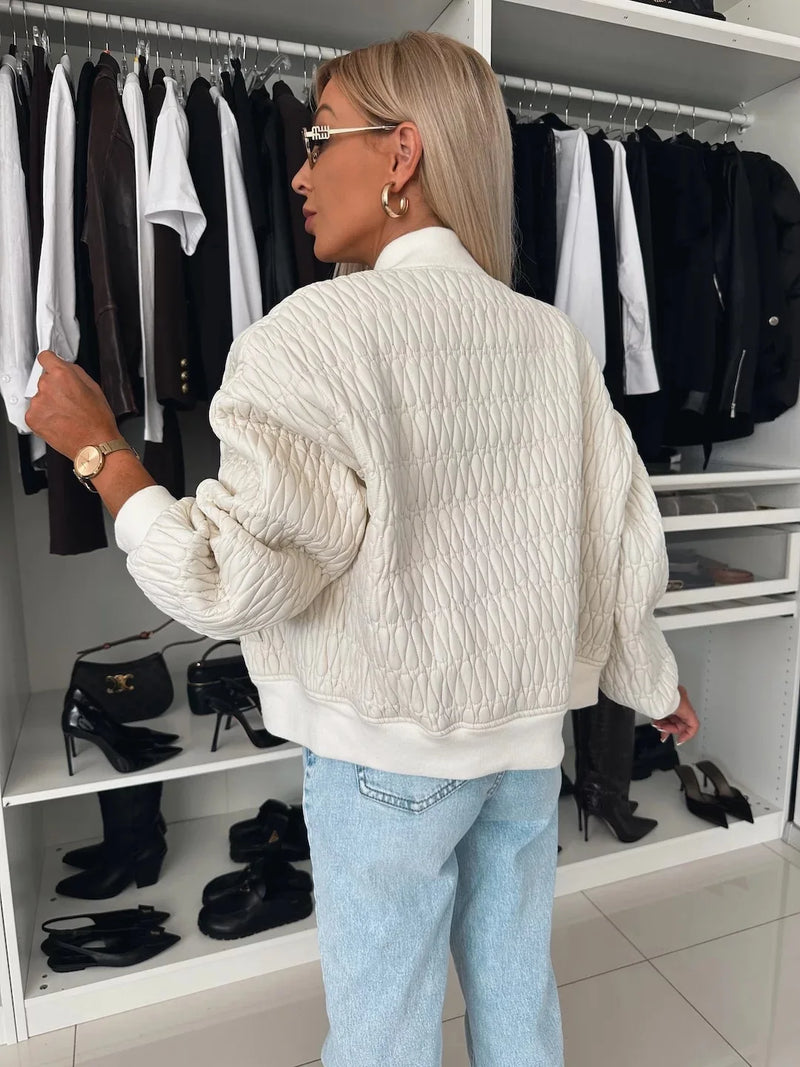 Stylish Women's Quilted Bomber Jacket - Zip Front, Ribbed Trim, Perfect for Fall Fashion