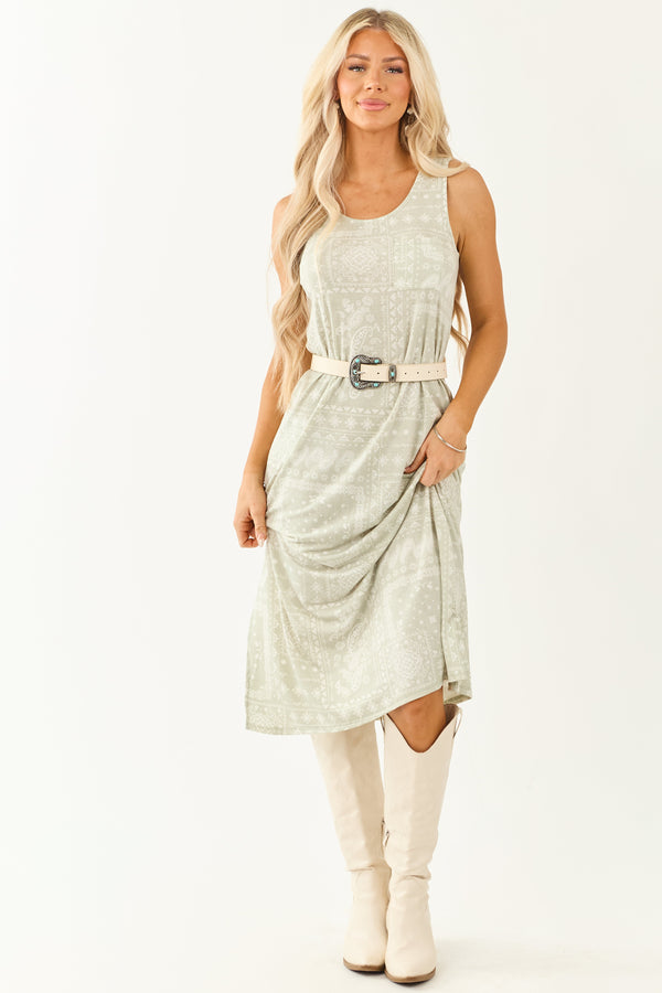 Sage Green Bandana Print Sleeveless Knit Midi Dress for Women - Stylish & Comfortable Summer Fashion
