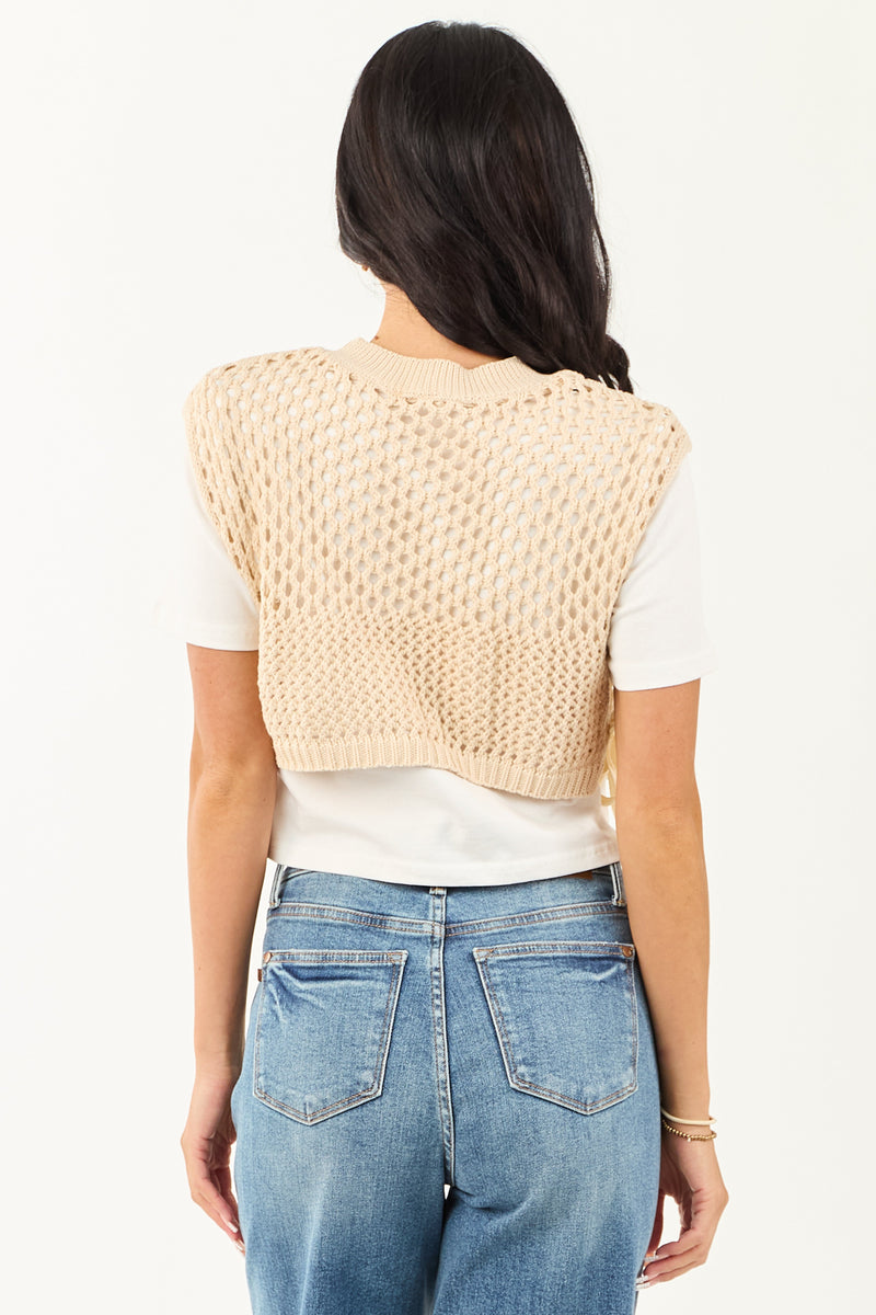 Women's Sand Layered Crochet Short Sleeve Crop Top - Boho Chic Summer Fashion