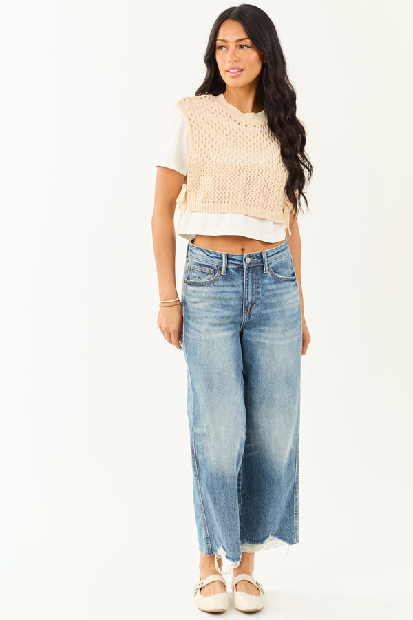 Women's Sand Layered Crochet Short Sleeve Crop Top - Boho Chic Summer Fashion