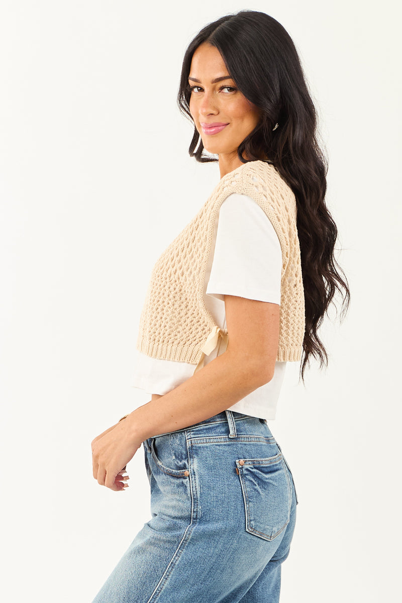 Women's Sand Layered Crochet Short Sleeve Crop Top - Boho Chic Summer Fashion