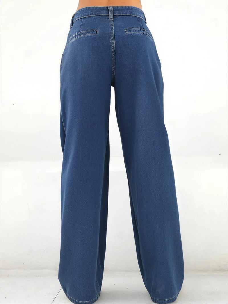 Women's Dark Blue Loose Wide-Leg Denim Jeans with Stylish Seam Detail | Comfortable & Trendy Fit