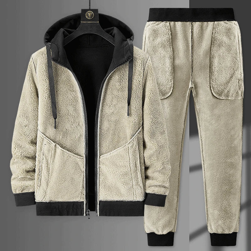 Men's Winter Tracksuit Set - Warm Fleece Hoodie & Pants, Thick Cashmere Sweatshirt, Casual Athletic Wear, Cozy Fur-Lined Jacket, Stylish Brand Activewear for Cold Weather