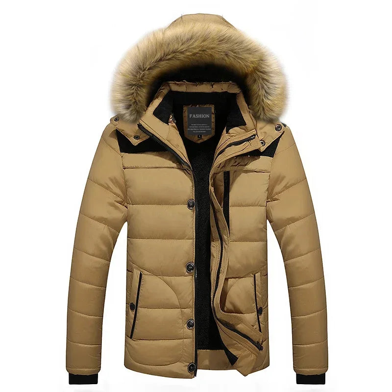 Men's Thick Fur Collar Hooded Parka - Warm Down Jacket with Wool Liner for Winter - Stylish & Cozy Outerwear