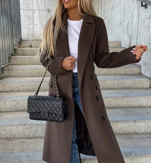 Women's Classic Fit Double-Breasted Winter Coat with Waist Belt - Stylish & Warm Outerwear