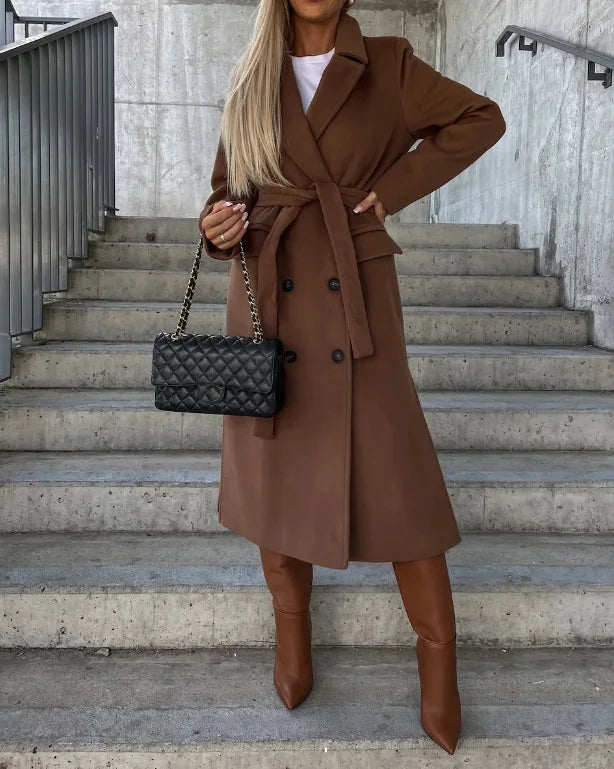 Women's Classic Fit Double-Breasted Winter Coat with Waist Belt - Stylish & Warm Outerwear