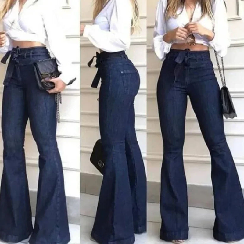 Women's High Waist Flare Jeans - Solid Color, Zipper Fly, Slim Fit with Flat Pockets & Patchwork Detail - Stylish Streetwear with Slight Stretch & Belt Loops