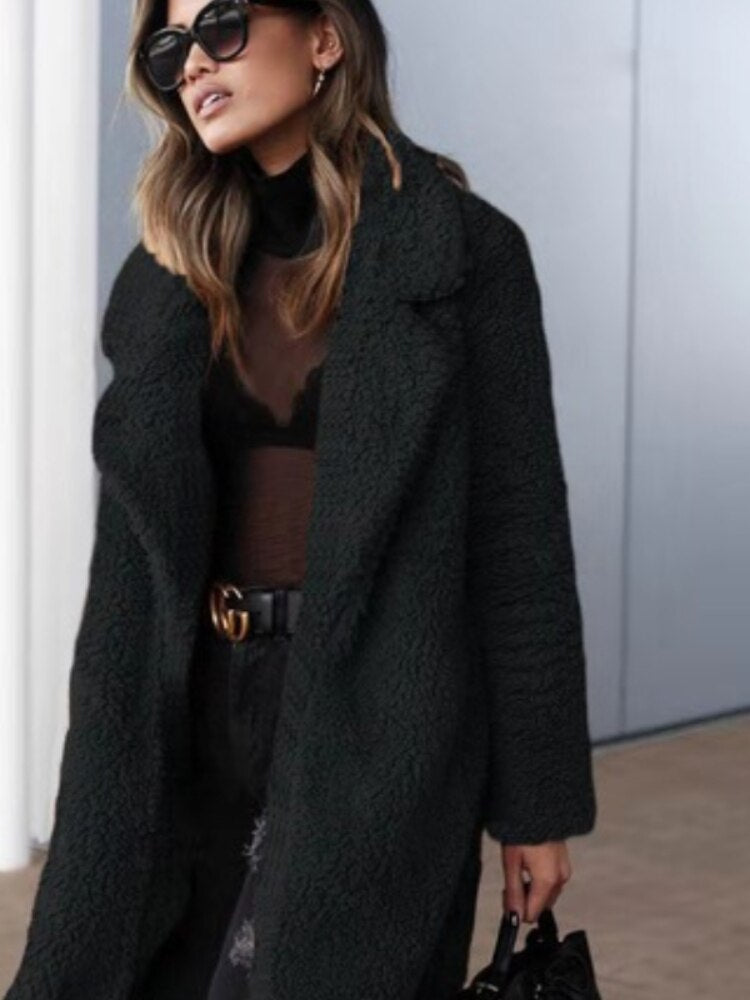 Women's Oversized Long Winter Teddy Coat with Stylish Lapel Collar - Cozy & Warm Outerwear