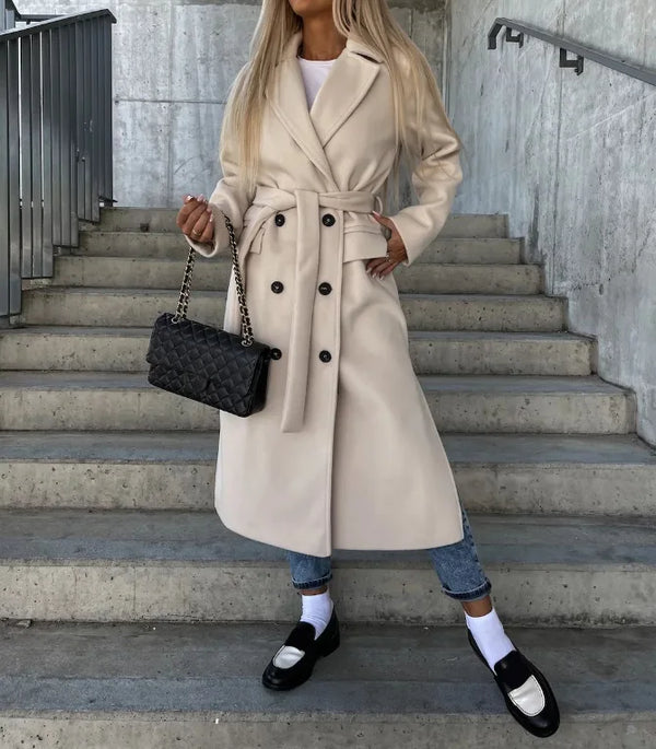 Women's Classic Fit Double-Breasted Winter Coat with Waist Belt - Stylish & Warm Outerwear