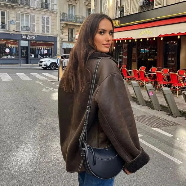Women's Plush Lined Leather Winter Jacket with Wide Collar - Stylish & Warm Outerwear