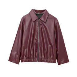 Stylish Women's Leather Jacket with Zipper Front & Classic Lapel Collar - Perfect for All Seasons