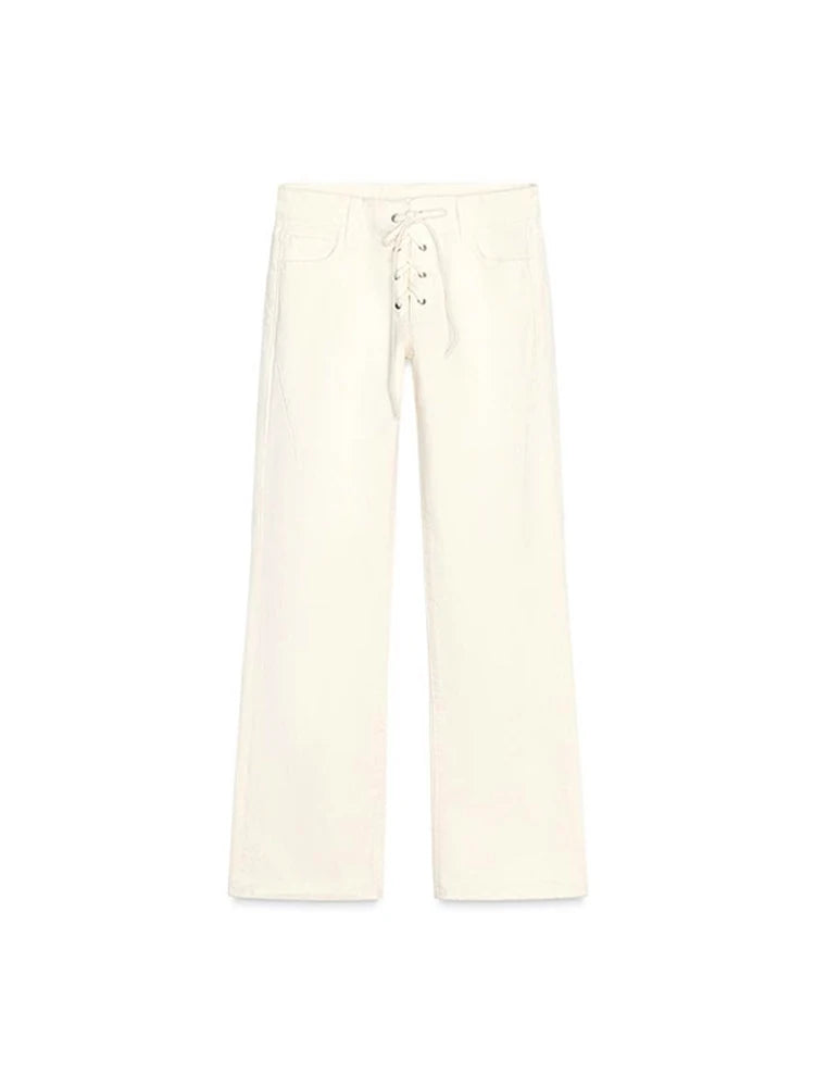 2025 Summer Women's High Waist White Denim Jeans with Drawstring & Lace-Up - Straight Leg Pants with Pockets - Trendy Fashion for Ladies