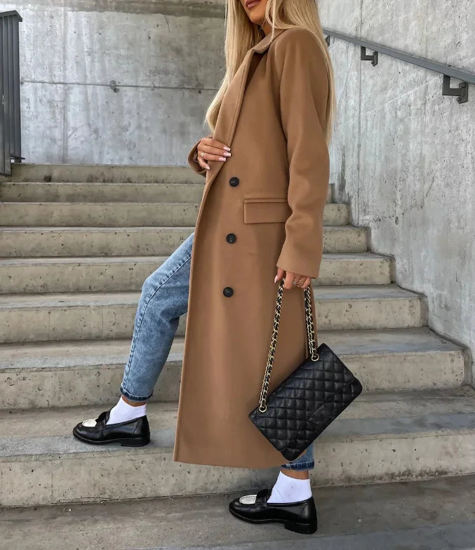 Women's Classic Fit Double-Breasted Winter Coat with Waist Belt - Stylish & Warm Outerwear