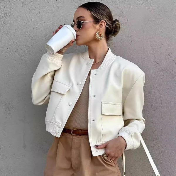 Women's Casual Bomber Jacket with Front Buttons & Flap Pockets - Stylish Lightweight Outerwear