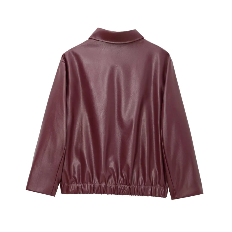 Stylish Women's Leather Jacket with Zipper Front & Classic Lapel Collar - Perfect for All Seasons
