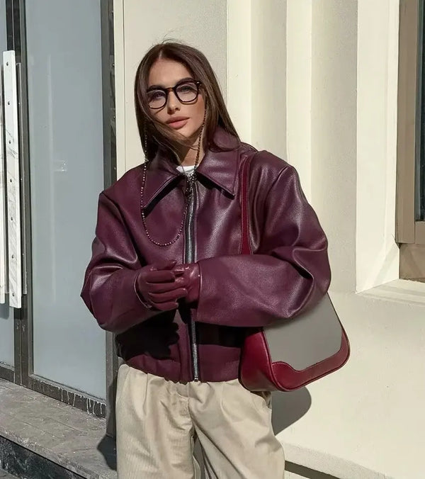 Stylish Women's Leather Jacket with Zipper Front & Classic Lapel Collar - Perfect for All Seasons