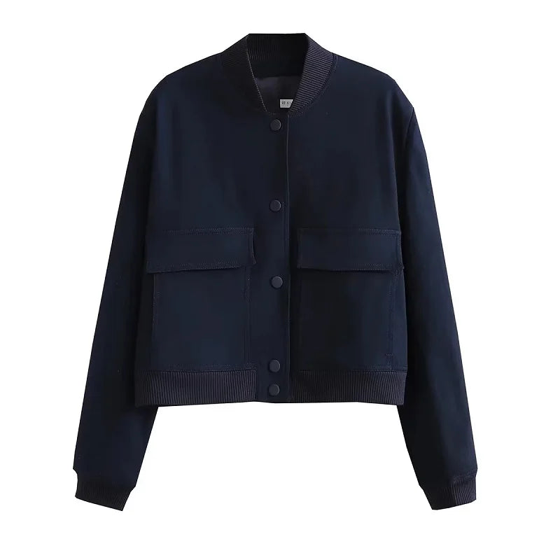 Stylish Women's Cropped Bomber Jacket with Snap Buttons & Utility Pockets - Trendy Outerwear for Casual Chic Looks
