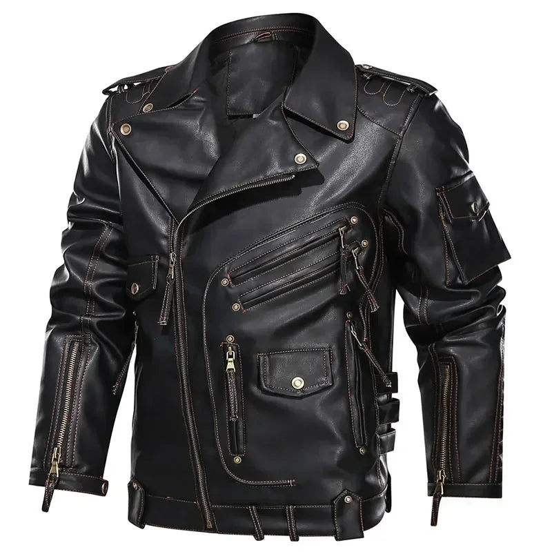Plus Size Men's Leather Jackets Luxury Brand Winter Men's Fashion Motorcycle Leather Jacket Cool Zipper Pockets Leather Jacket