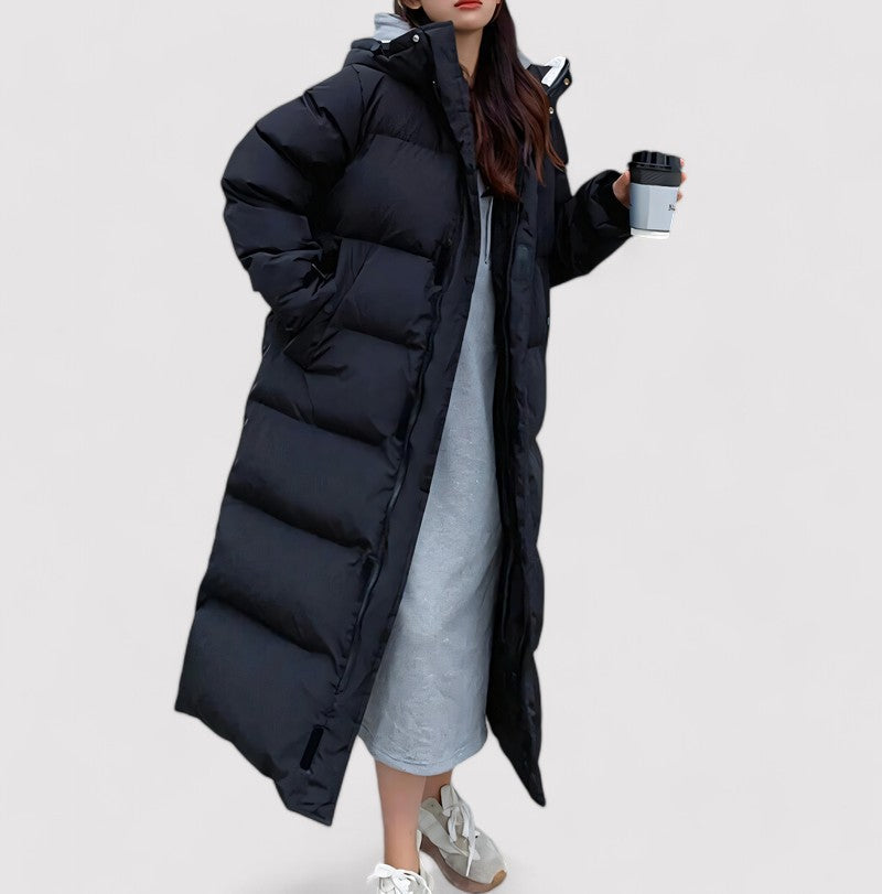 Women's Waterproof Hooded Long Black Puffer Parka Jacket - Stylish & Warm Winter Outerwear