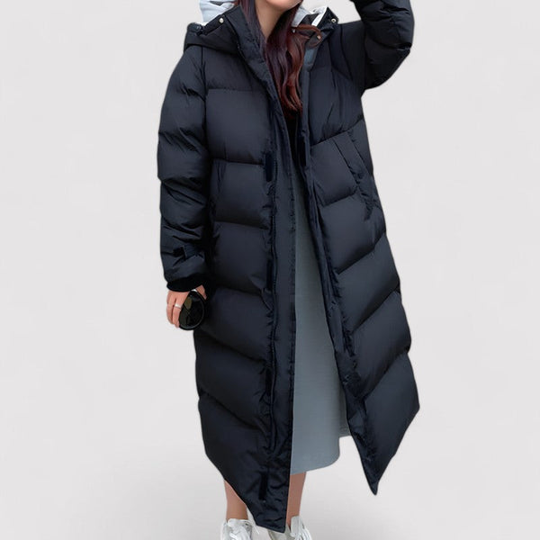 Women's Waterproof Hooded Long Black Puffer Parka Jacket - Stylish & Warm Winter Outerwear