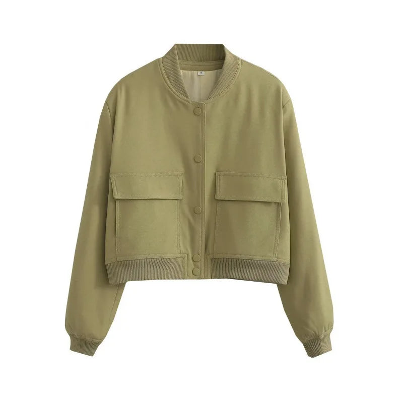 Women's Casual Bomber Jacket with Front Buttons & Flap Pockets - Stylish Lightweight Outerwear