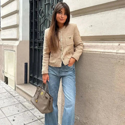 Elegant Women's Cropped Tweed Jacket - Long Sleeve Short Coat Style for Chic Fashion
