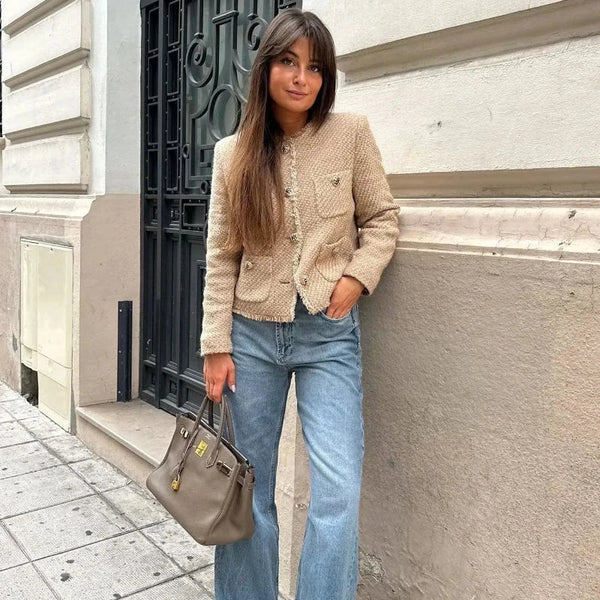 Elegant Women's Cropped Tweed Jacket - Long Sleeve Short Coat Style for Chic Fashion