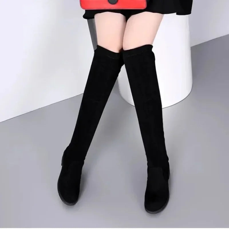 Stylish Women's Black Over-the-Knee Lace-Up Boots with Chunky High Heels – Trendy Footwear for Any Occasion