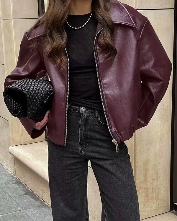 Stylish Women's Leather Jacket with Zipper Front & Classic Lapel Collar - Perfect for All Seasons