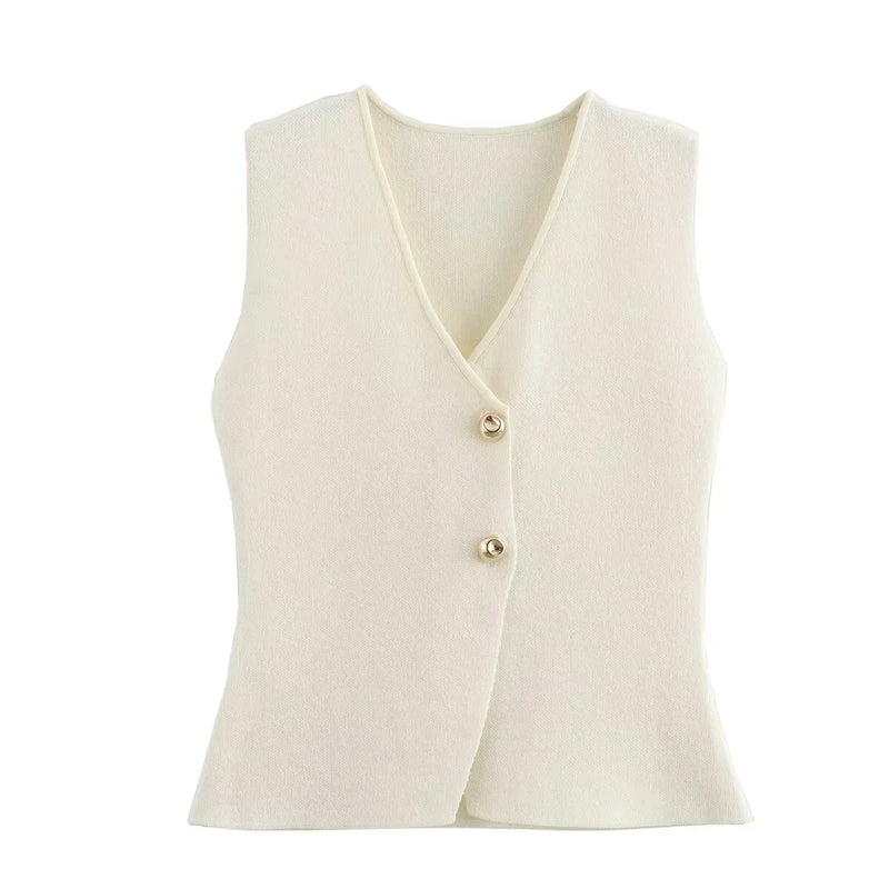 Women's Sleeveless Knitted Vest Top - Button-Front Design for Stylish Layering