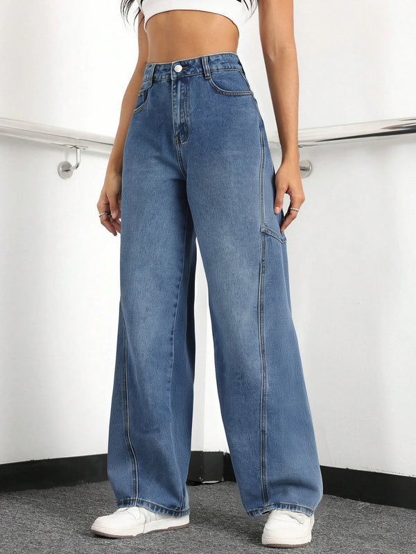 Women's High-Waisted Wide Leg Cargo Jeans | Stylish Baggy Denim Workwear Pants for Comfort & Versatility
