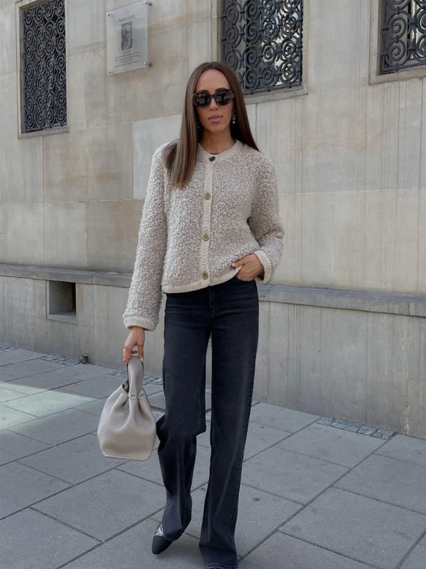 Women's Cozy Teddy Fleece Jacket - Button Front, Soft Texture, Casual Style