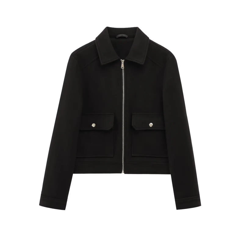 Women's Stylish Short Lapel Bomber Jacket - Zip Front & Flap Pockets - Trendy Casual Outerwear