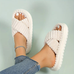Women's Plush Cross-Band Open Toe Slippers - Soft Cushioned Sole for Ultimate Comfort