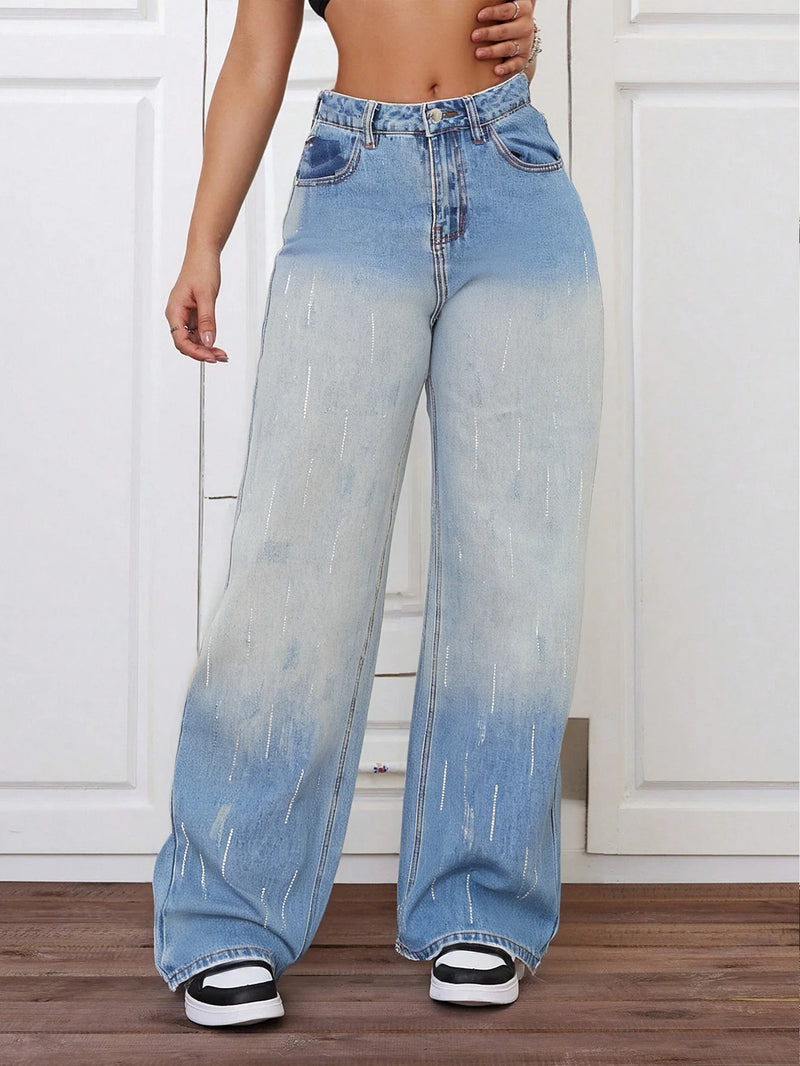 Women's Loose Fit Straight Jeans with Color Block Design | Casual Back Pockets & Slash Pockets | Machine Washable Denim