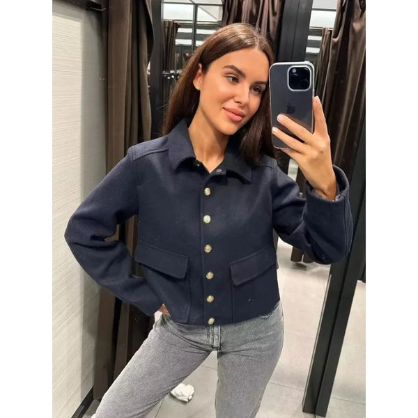 Women's Cropped Aviator Bomber Jacket - Stylish Button Front & Functional Pockets