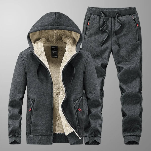 Men's Winter Tracksuit Set - Warm Fleece Hoodie & Pants, Thick Cashmere Sweatshirt, Casual Athletic Wear, Cozy Fur-Lined Jacket, Stylish Brand Activewear for Cold Weather