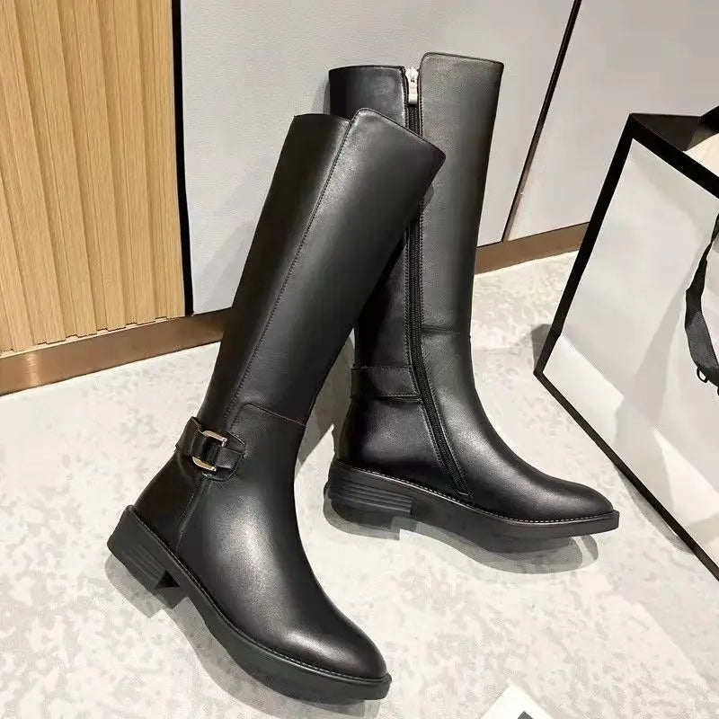 Stylish Women's Black Knee High Boots with Metal Buckle & Side Zip Closure - Perfect for Fall Fashion