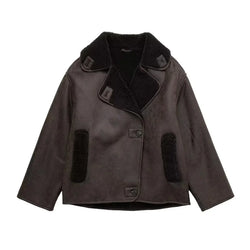 Women's Plush Lined Leather Winter Jacket with Wide Collar - Stylish & Warm Outerwear