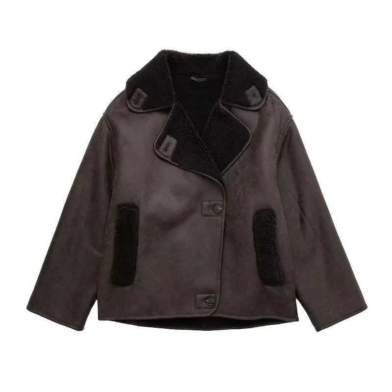 Women's Plush Lined Leather Winter Jacket with Wide Collar - Stylish & Warm Outerwear