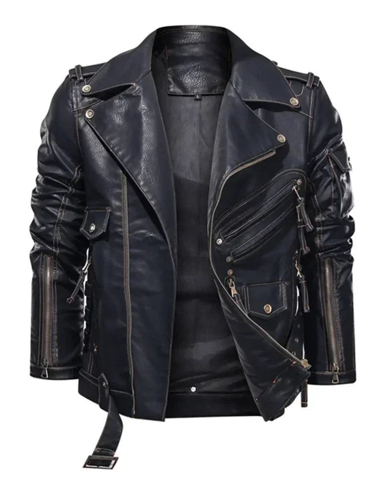 Plus Size Men's Leather Jackets Luxury Brand Winter Men's Fashion Motorcycle Leather Jacket Cool Zipper Pockets Leather Jacket
