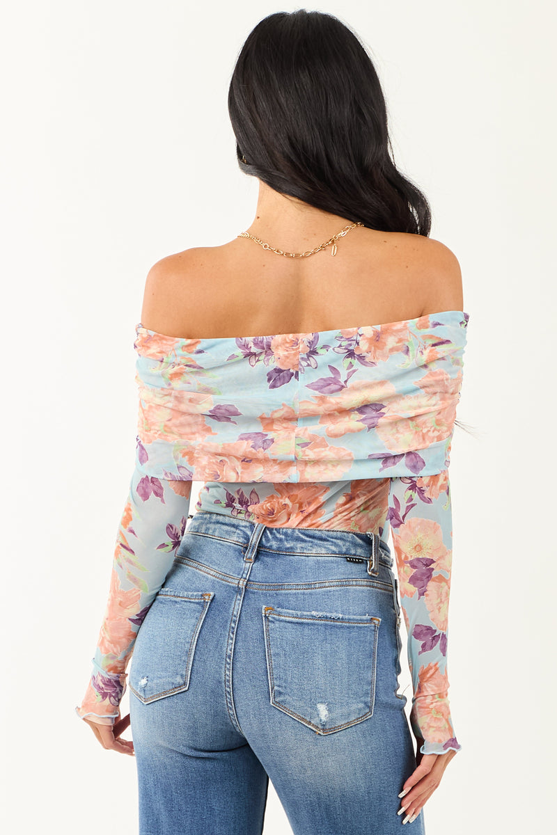 Sky Blue Floral Off-the-Shoulder Bodysuit for Women - Trendy Summer Fashion