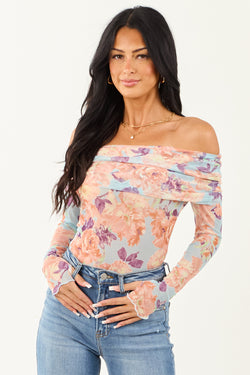 Sky Blue Floral Off-the-Shoulder Bodysuit for Women - Trendy Summer Fashion