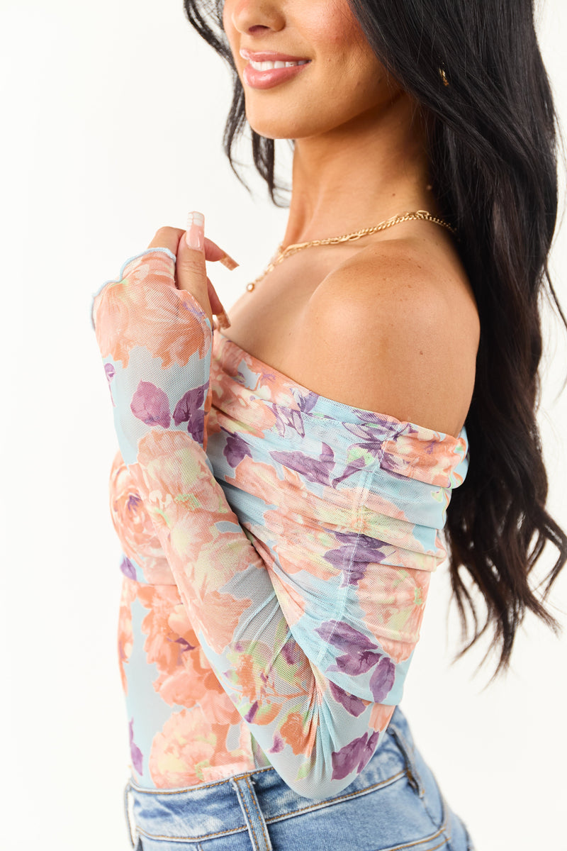 Sky Blue Floral Off-the-Shoulder Bodysuit for Women - Trendy Summer Fashion