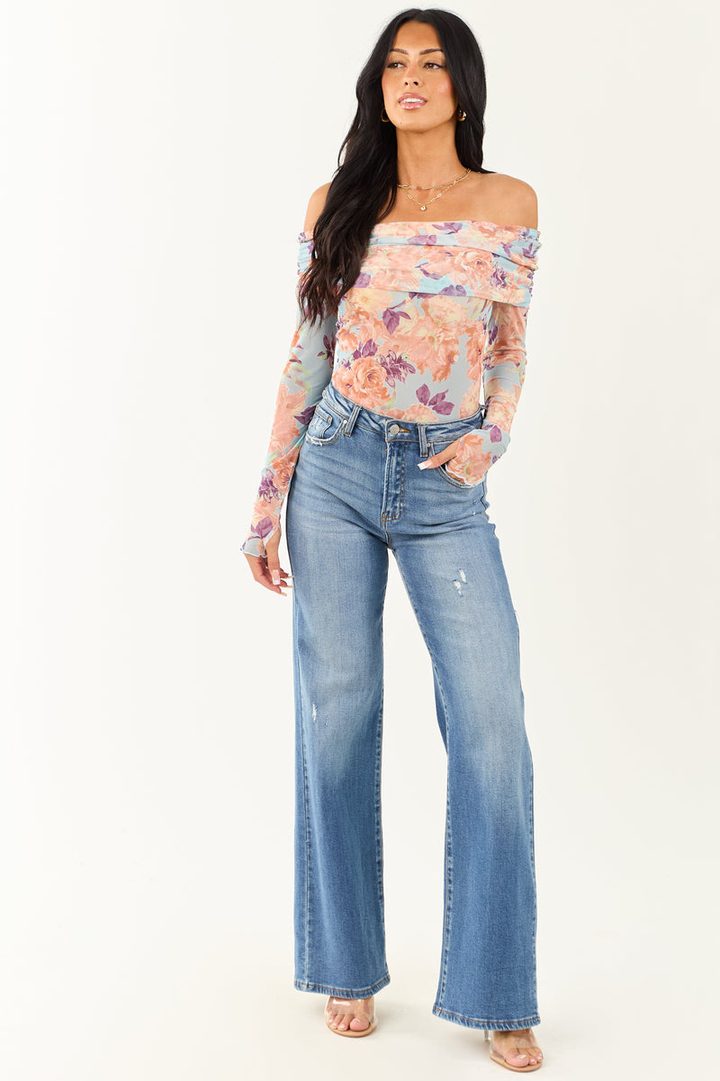 Sky Blue Floral Off-the-Shoulder Bodysuit for Women - Trendy Summer Fashion