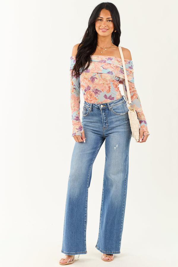 Sky Blue Floral Off-the-Shoulder Bodysuit for Women - Trendy Summer Fashion